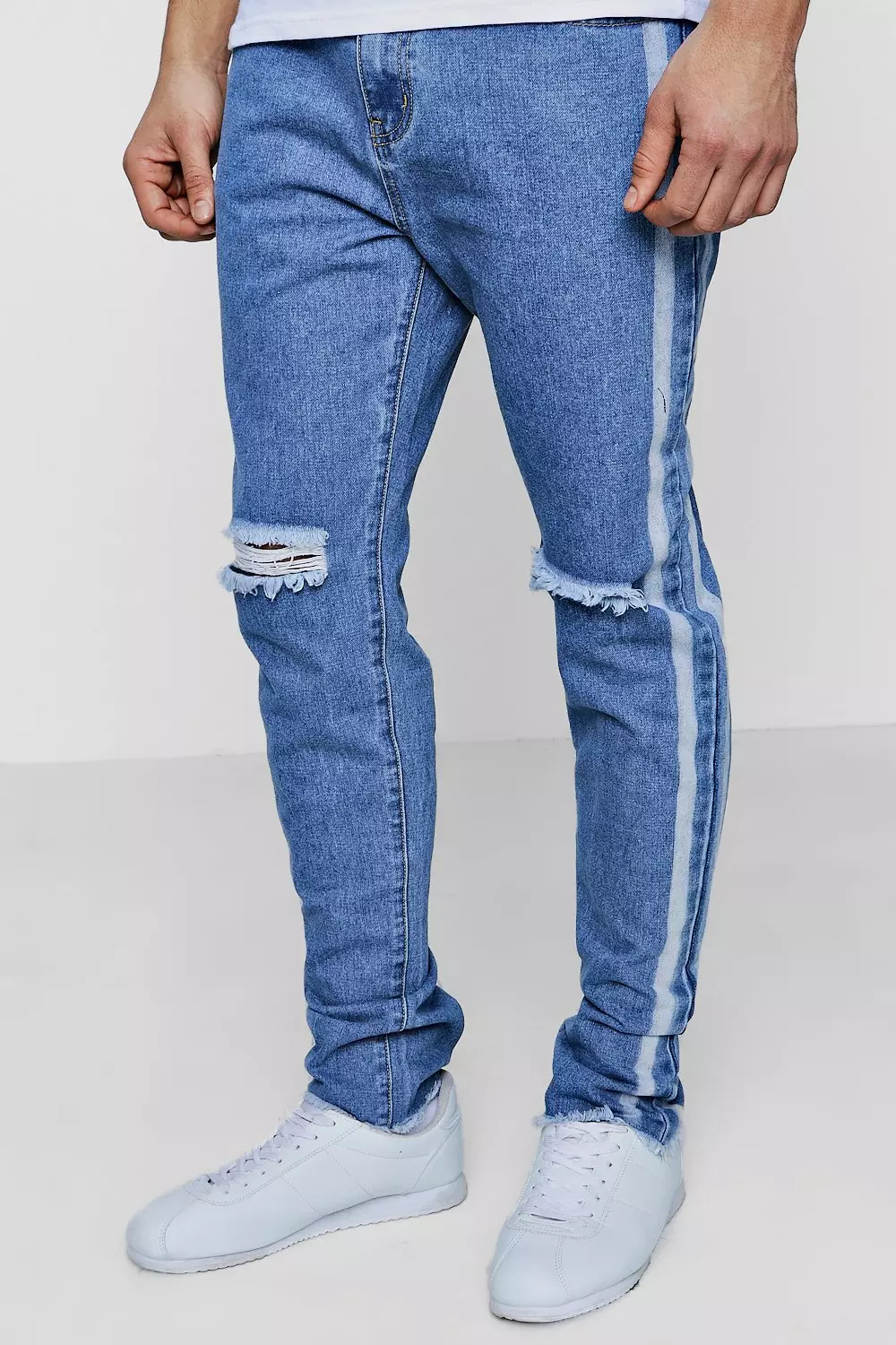 Slim Fit Jeans With Bleached Side Stripe boohooMAN UK